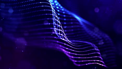 4k bucle de fondo de partículas de ciencia ficción con bokeh y efectos de luz. partículas azules brillantes forman líneas, superficies, estructuras complejas en movimiento suave como en el microworld o el espacio. cadenas de partículas 10
