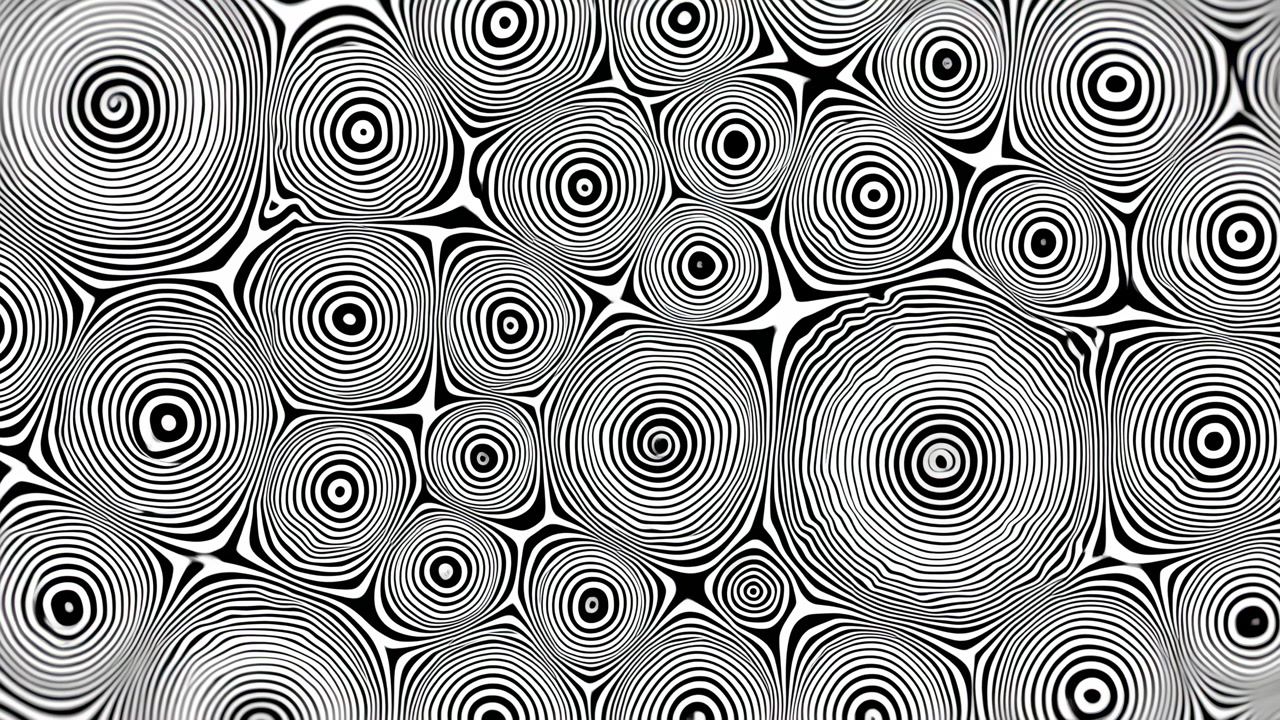 Black White Concentric Rings Pattern With High Contrast Optical Motion, Rhythmic Geometric Circles And Retro