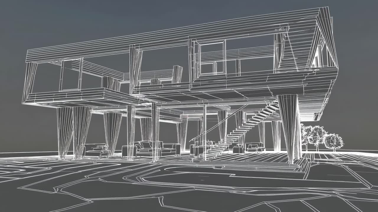 Futuristic architectural wireframe of a building, viewed from a low angle