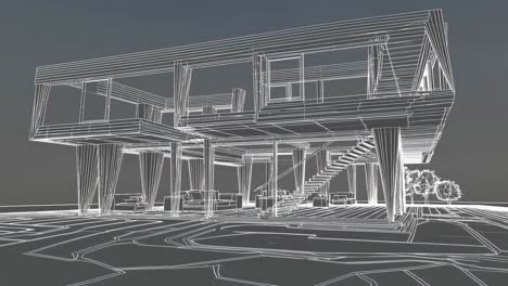 futuristic architectural wireframe of a building, viewed from a low angle