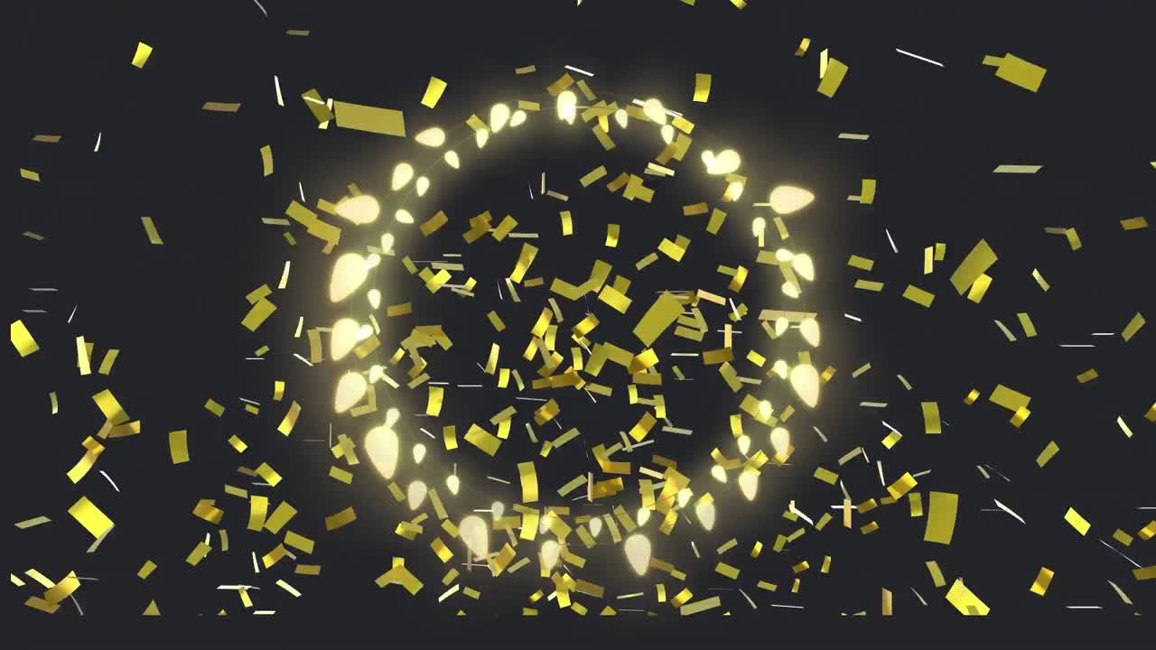 Animation of circle of glowing christmas fairy lights with gold confetti, on black
