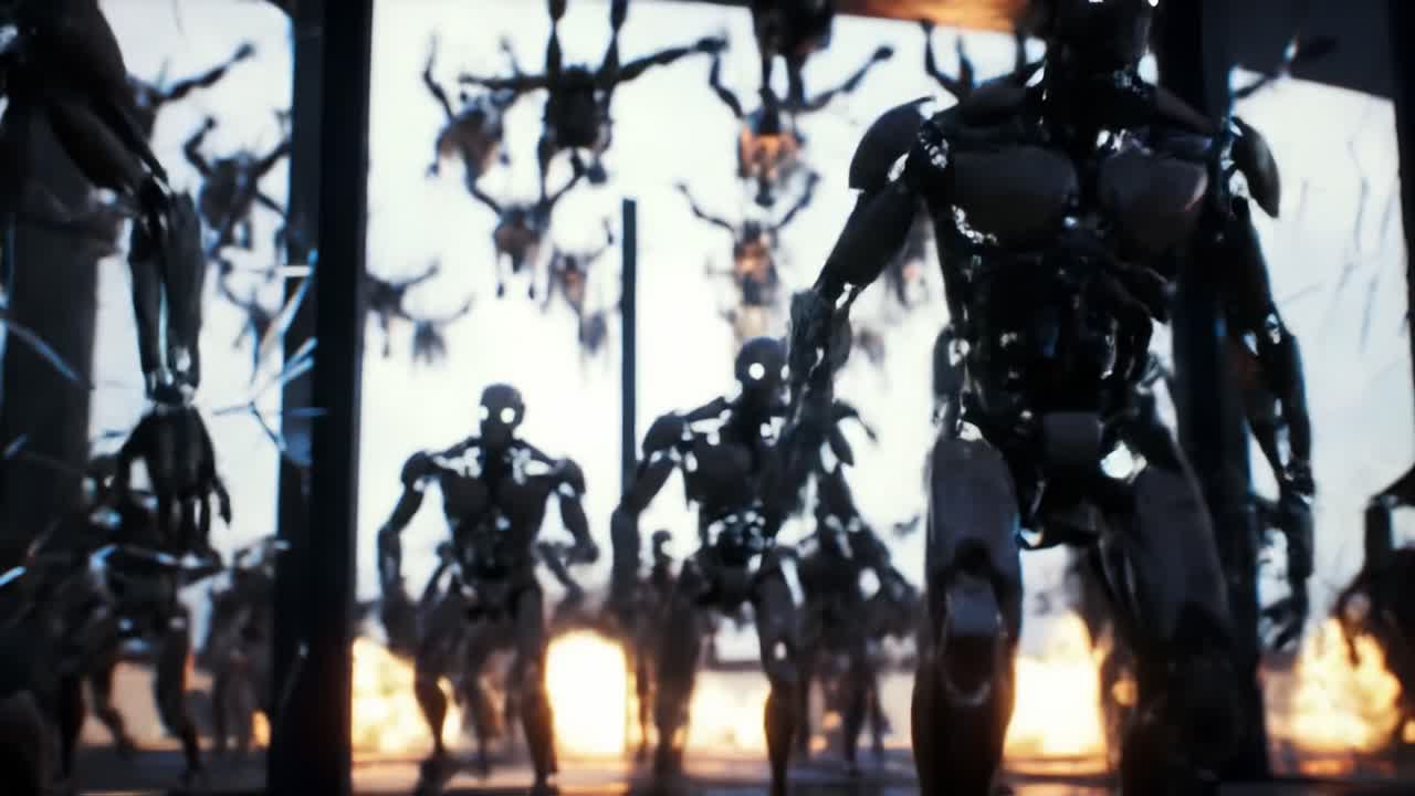 A Dynamic Surge of Futuristic Androids Emerge from the Portal, Showcasing Advanced Robotics in a Stunning Cinematic Scene of Technological Advancement