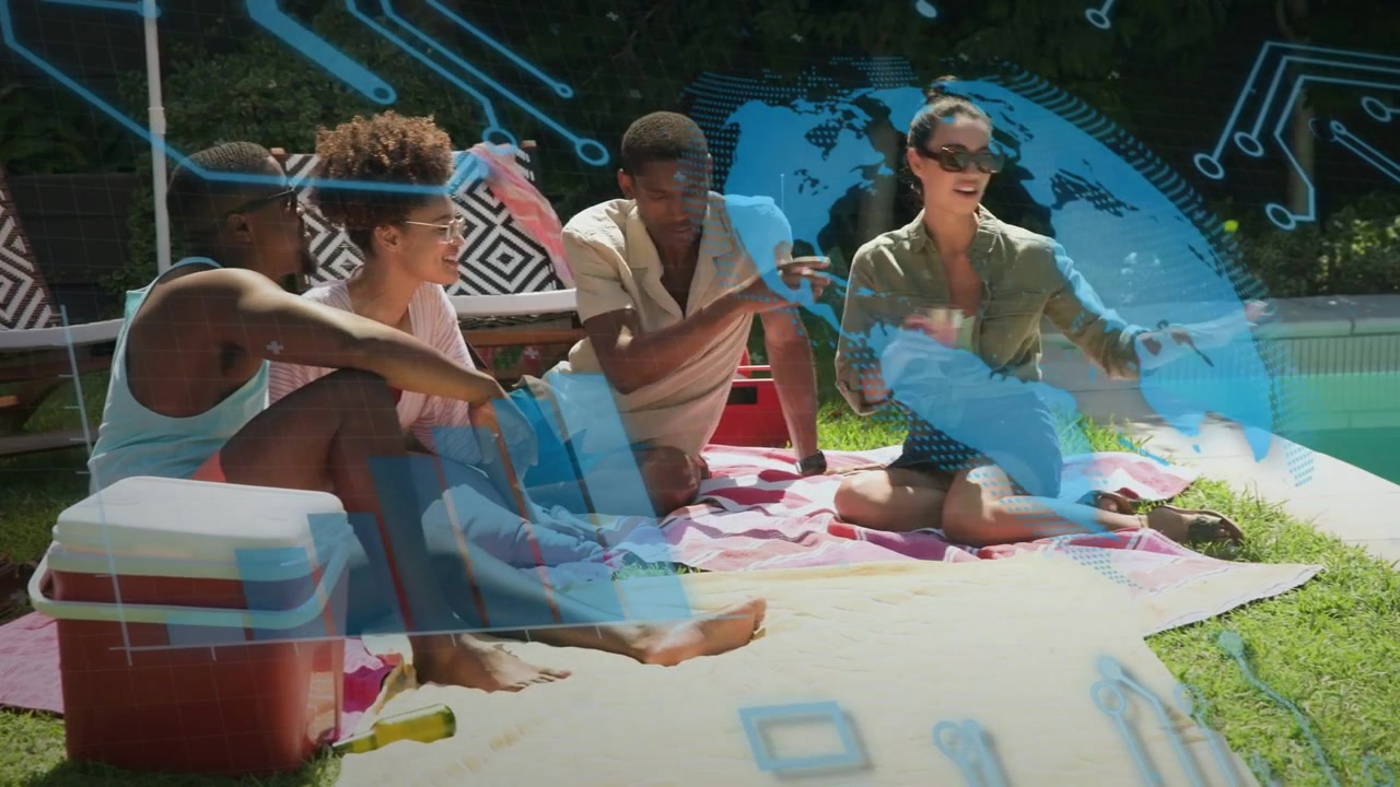 Leftmost man pointing initiating friends chatting poolside technology globe overlay obscuring faces