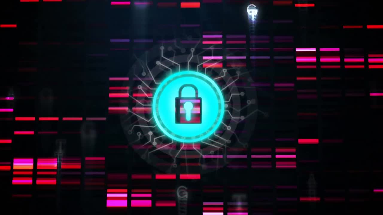animación de la red de conexiones con candado de seguridad en línea sobre fondo oscuro