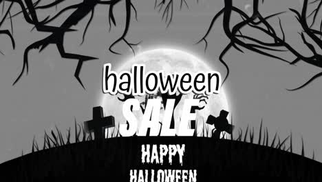 animación de felicitaciones de halloween texto sobre espeluznante árbol blanco y negro, cruces de tumba y luna