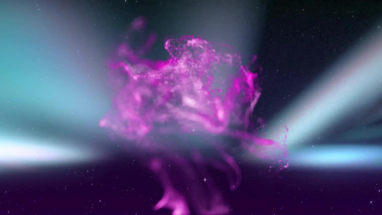 Nuvola vorticosa di particelle magenta che fluttua nello spazio profondo, in visualizzazione 3D con fasci e puntini color ottanio.
