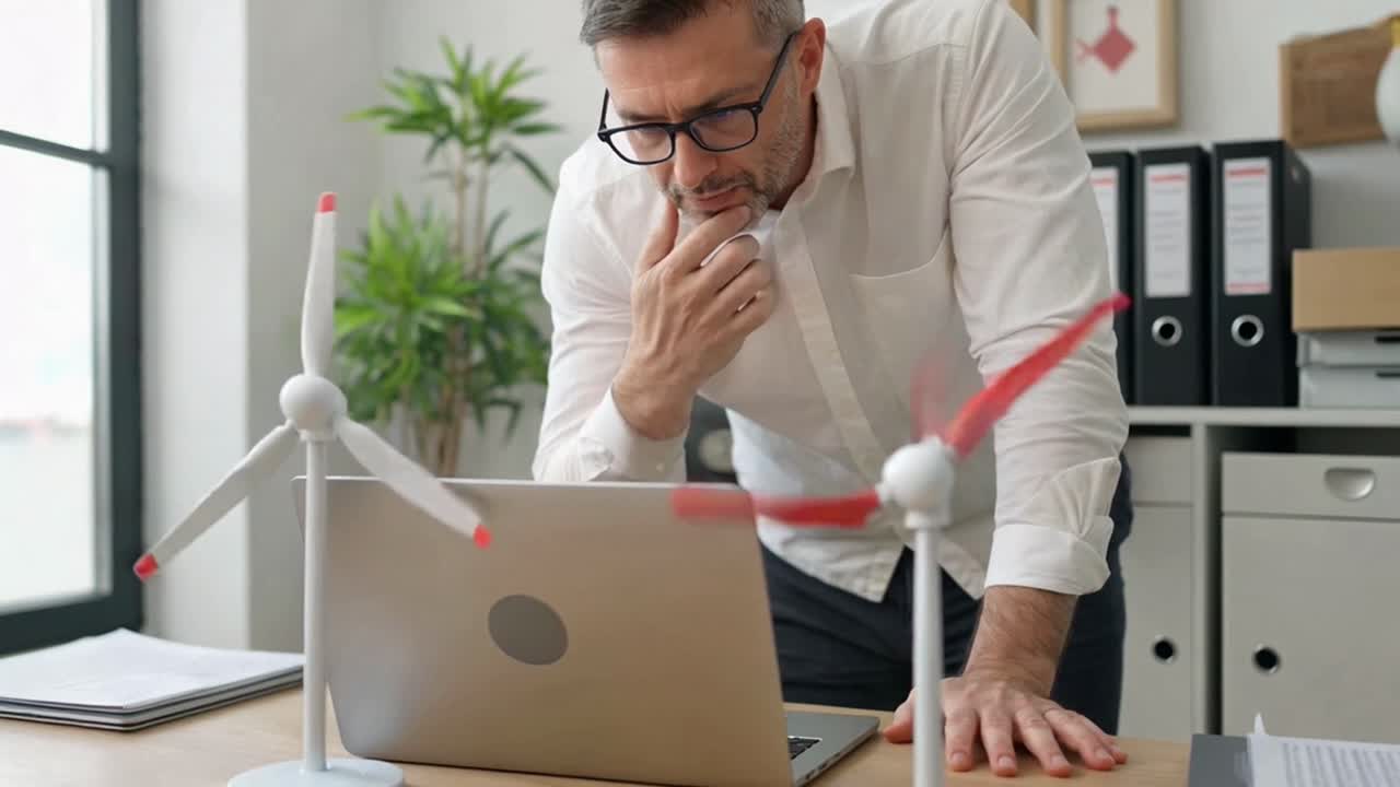 Engineer Working on a Laptop with Wind Turbine Models on His Desk