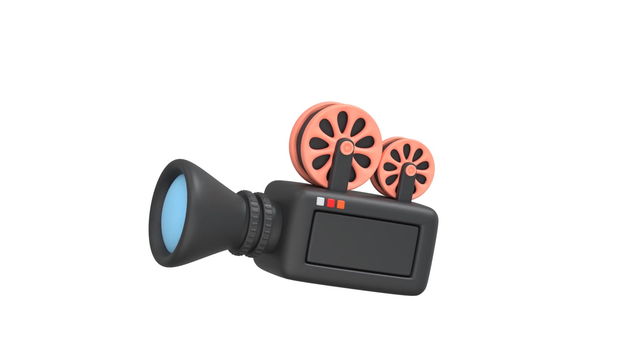 Cinepresa in stile vintage animata in 3D che fluttua su sfondo bianco