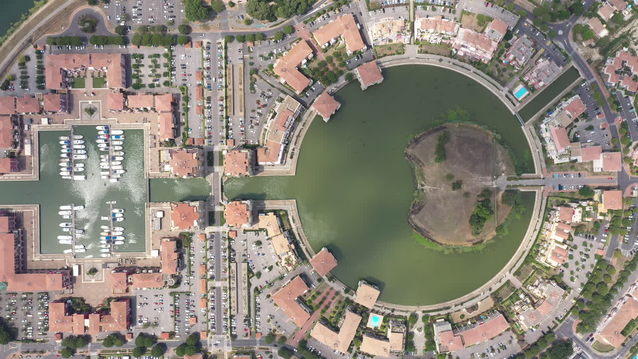 오른쪽에서 왼쪽으로 공중 상단  라테스 포트 아리안 마리나 호수와 집