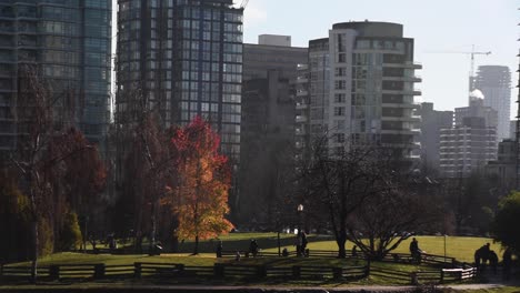 People-walking,-cycling-and-running-in-Devonian-harbour-park-between-skyscrapers-in-Vancouver-on-a-sunny-day