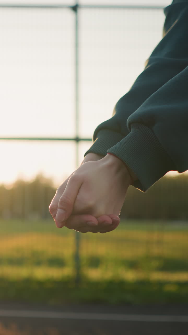 초록색 후디를 입은 누군가가 골든 아워 동안 손, 열린 필드 및 먼 건물의 배경에서 빛 반이는 효과와 함께 볼리볼을 때리는 클로즈업 드 뷰