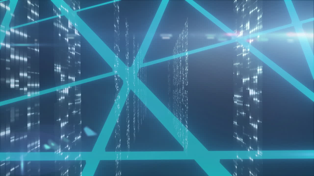Animation of glowing lines and abstract cityscape in futuristic digital network