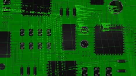 Animation-of-data-processing-over-computer-circuit-board-on-green-background