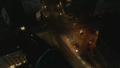 AERIAL:-View-of-empty-Berlin,-Germany-Neighbourhood-Intersections-with-City-Light-During-COVID-19-Coronavirus-Pandemic