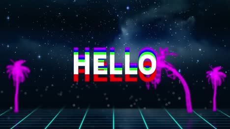 Animation-of-hello-text-banner-and-neon-palm-trees-on-grid-network-against-space