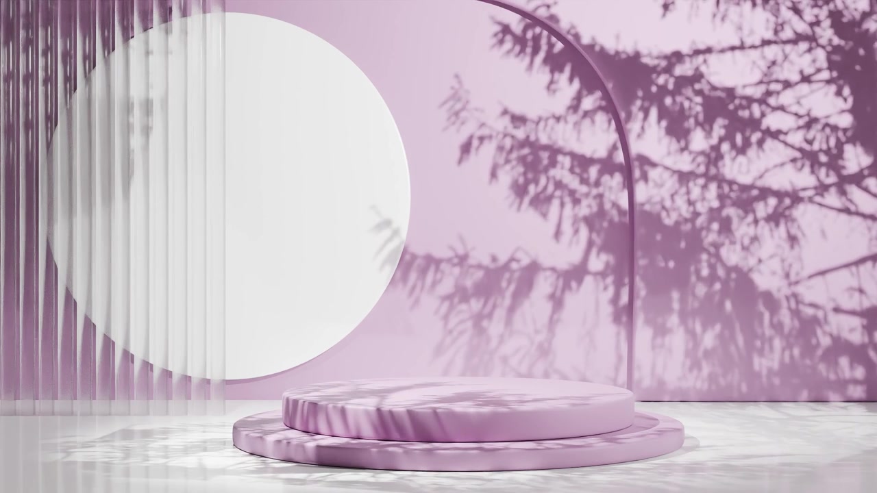 Minimalistic pink podium with abstract circular background and natural tree shadows. Modern product display stand concept. Design for banner, poster, wallpaper, and header