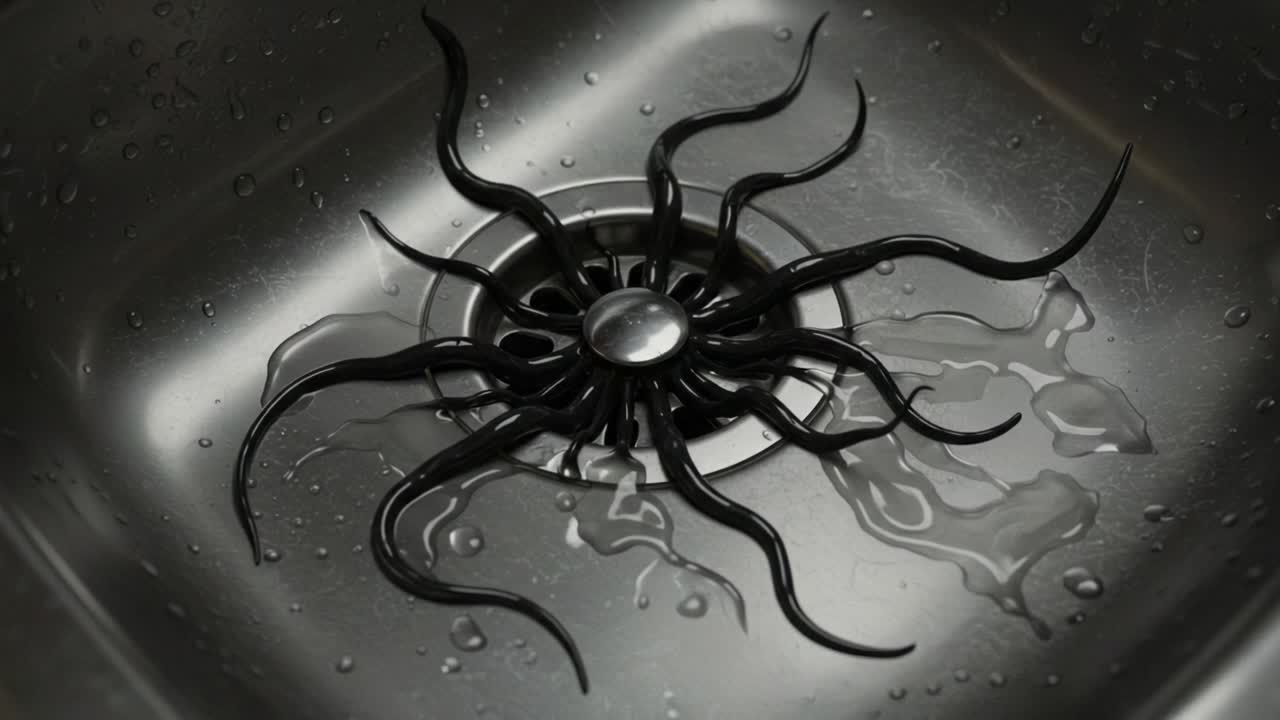 Detailed Close-up of a Decorative Sink Drain Cover with a Spider-like Design Surrounded by Water in a Stainless Steel Sink