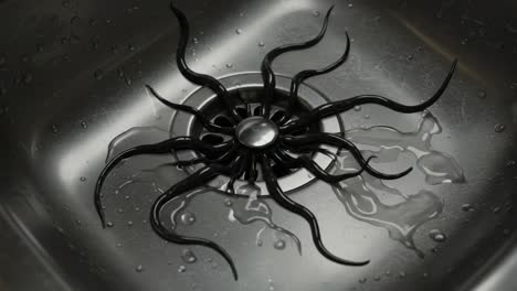 detailed close-up of a decorative sink drain cover with a spider-like design surrounded by water in a stainless steel sink