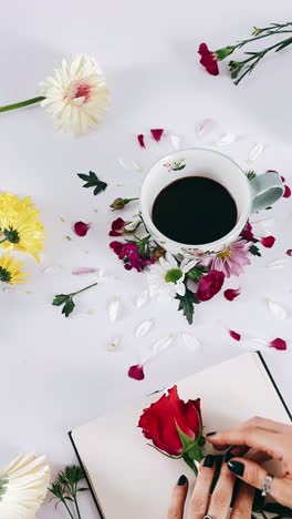 a cup of coffee, flowers, and a rose on a white background