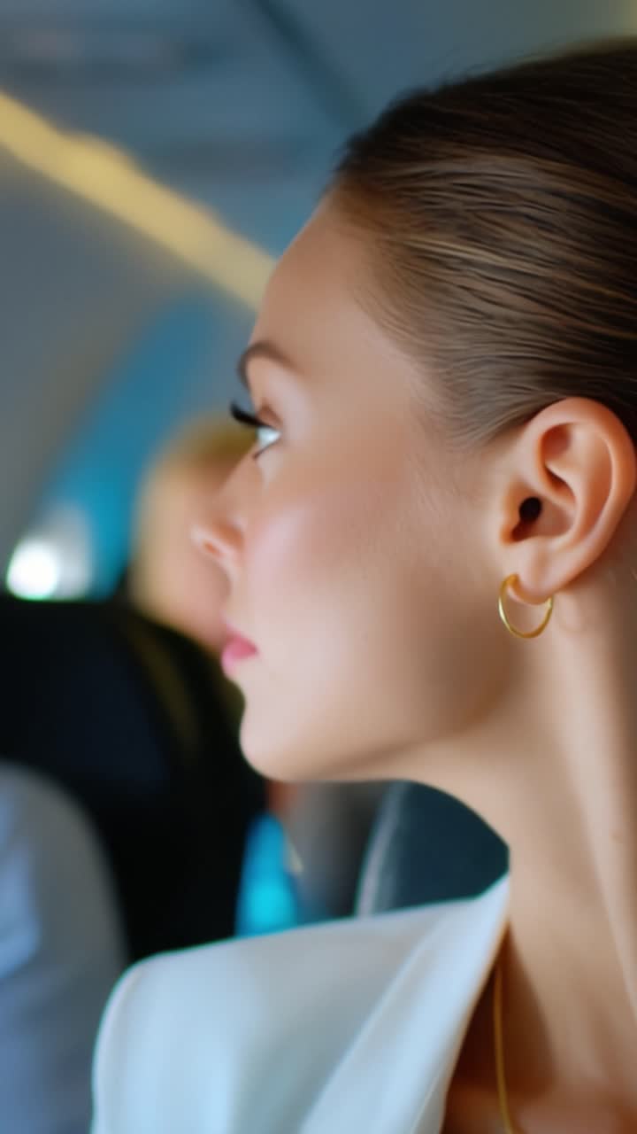 Un ritratto accattivante di una donna all'interno di un aereo, che cattura l'essenza del viaggio con i suoi tratti distintivi e l'espressione composta in un'atmosfera rilassata.