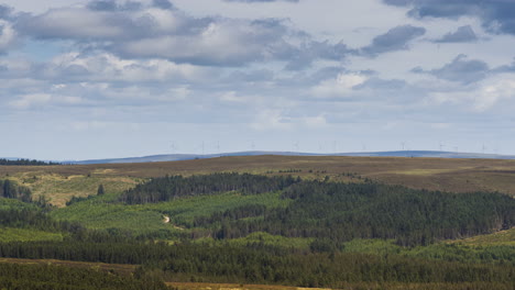 Zeitraffer-Einer-Ländlichen-Mischwaldlandschaft-Und-Windkraftanlagen-Auf-Fernen-Hügeln-An-Einem-Bewölkten-Sommertag-In-Irland