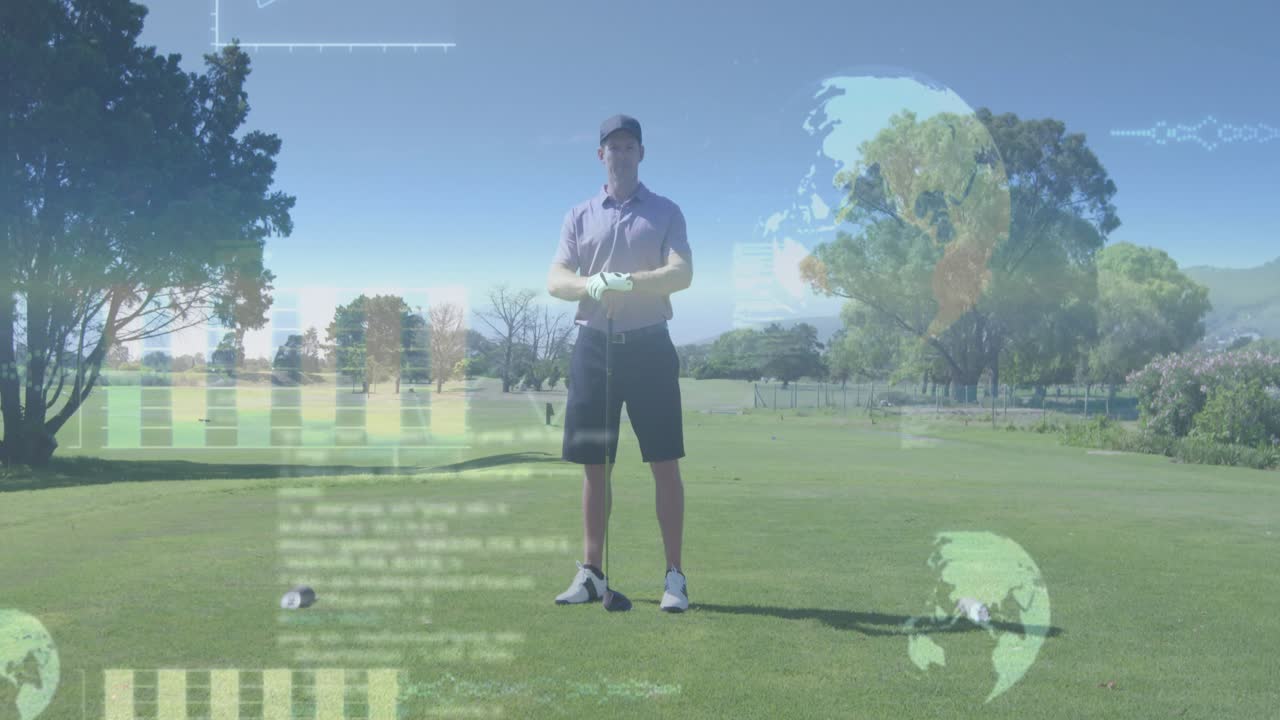 Male golfer standing on tee box, AR charts and graphs fading in around him showing metrics