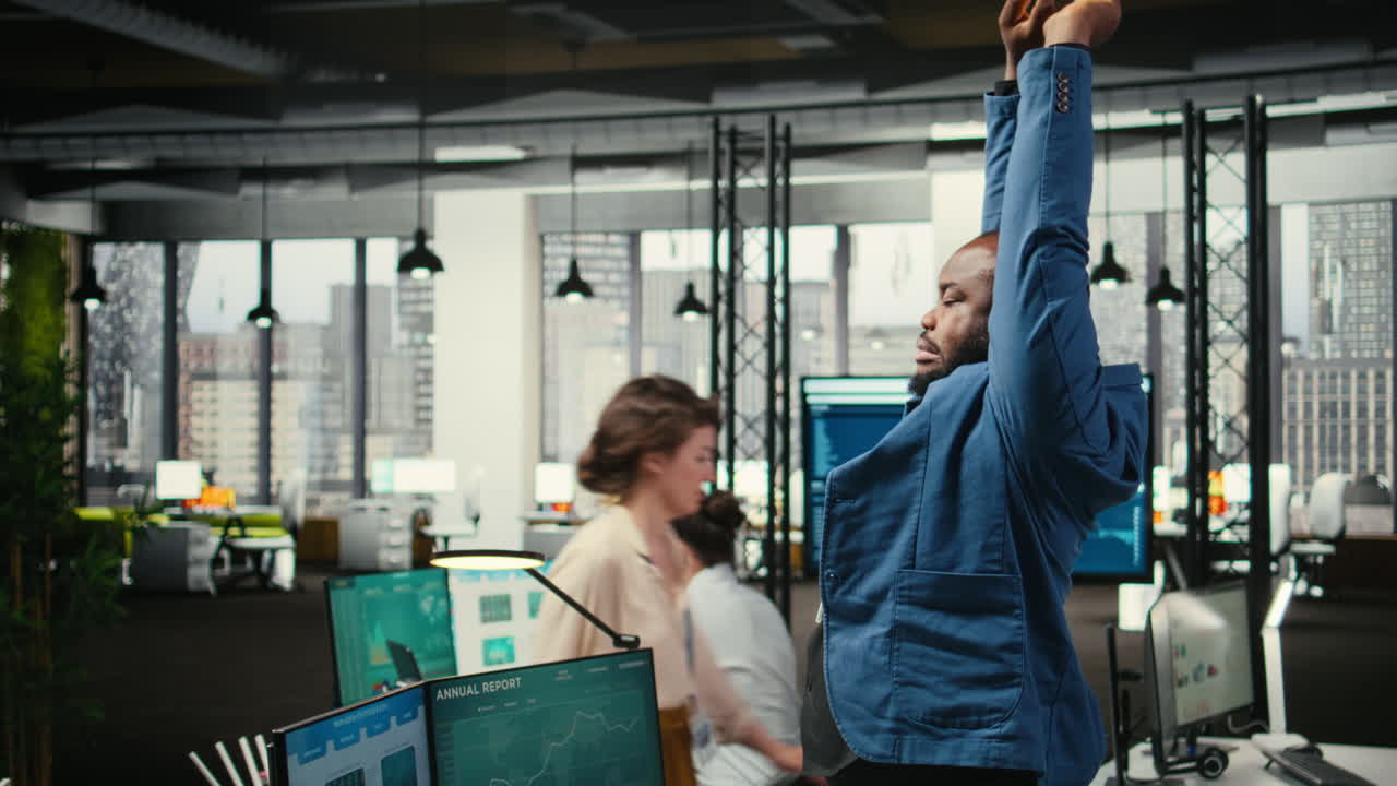 Vertical Video African american man with a stiff neck and backache stretching his muscles