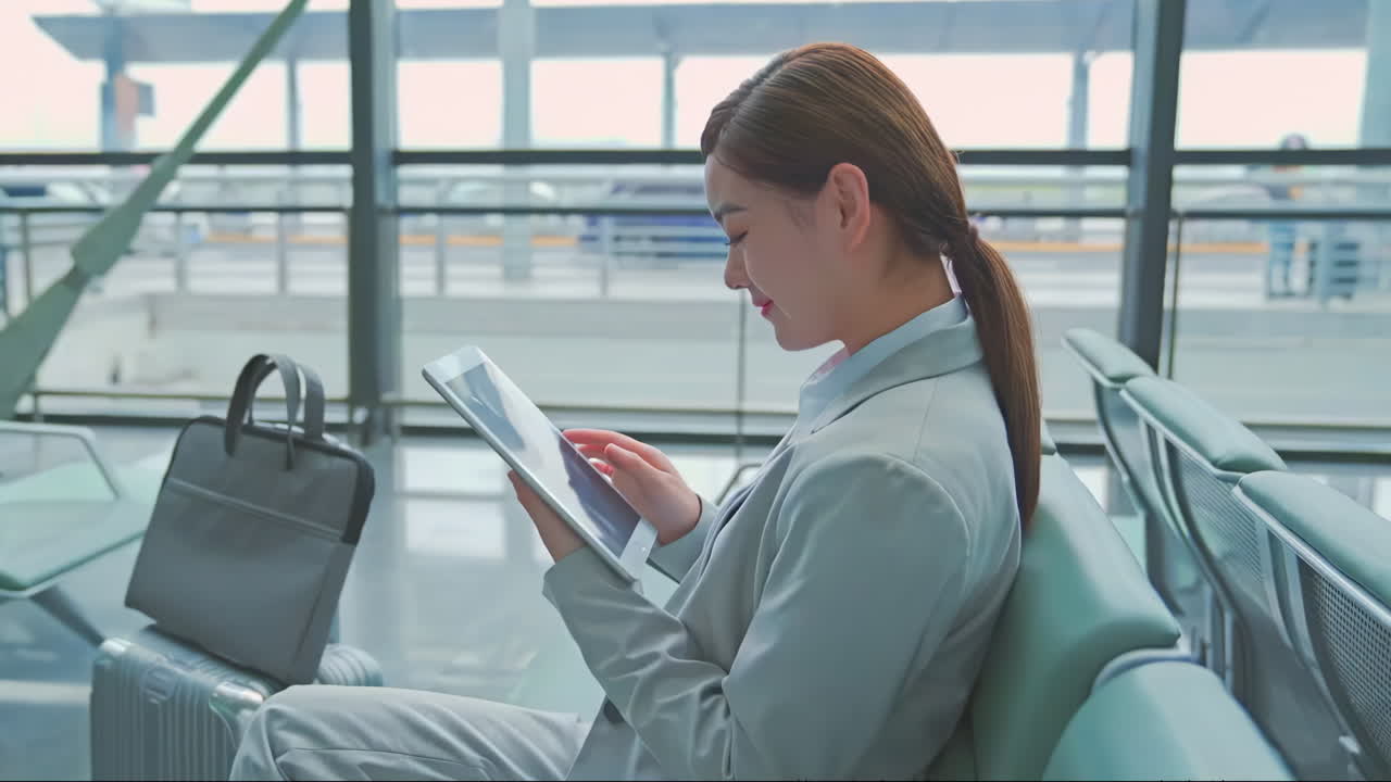 Young woman using a tablet at an airport or terminal