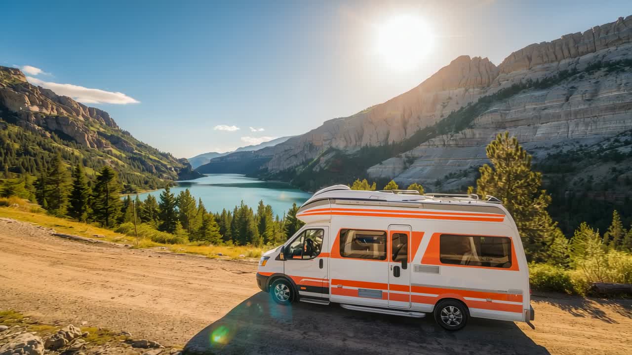 Starting engine orange camper van moving on overlook road, with turquoise lake cliffs midday sun