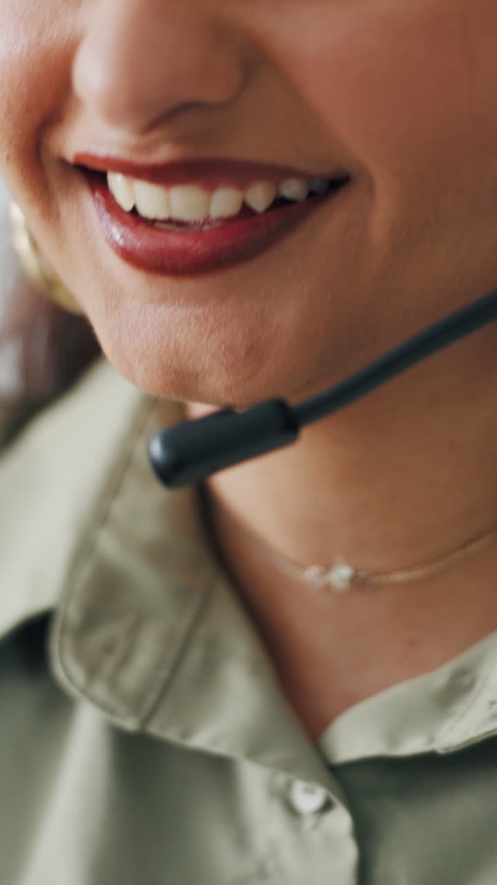 Close Up of Woman's Mouth Speaking into Headset Microphone