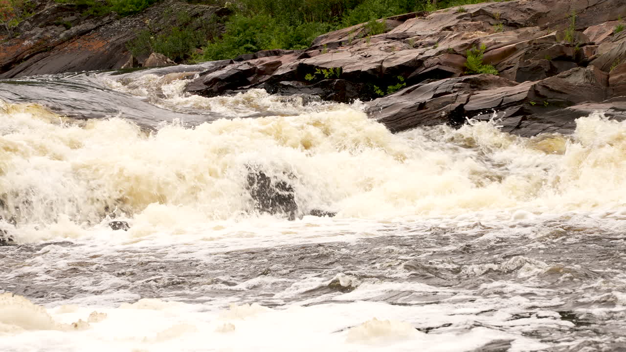 Slow motion white water rapids rushing down a river