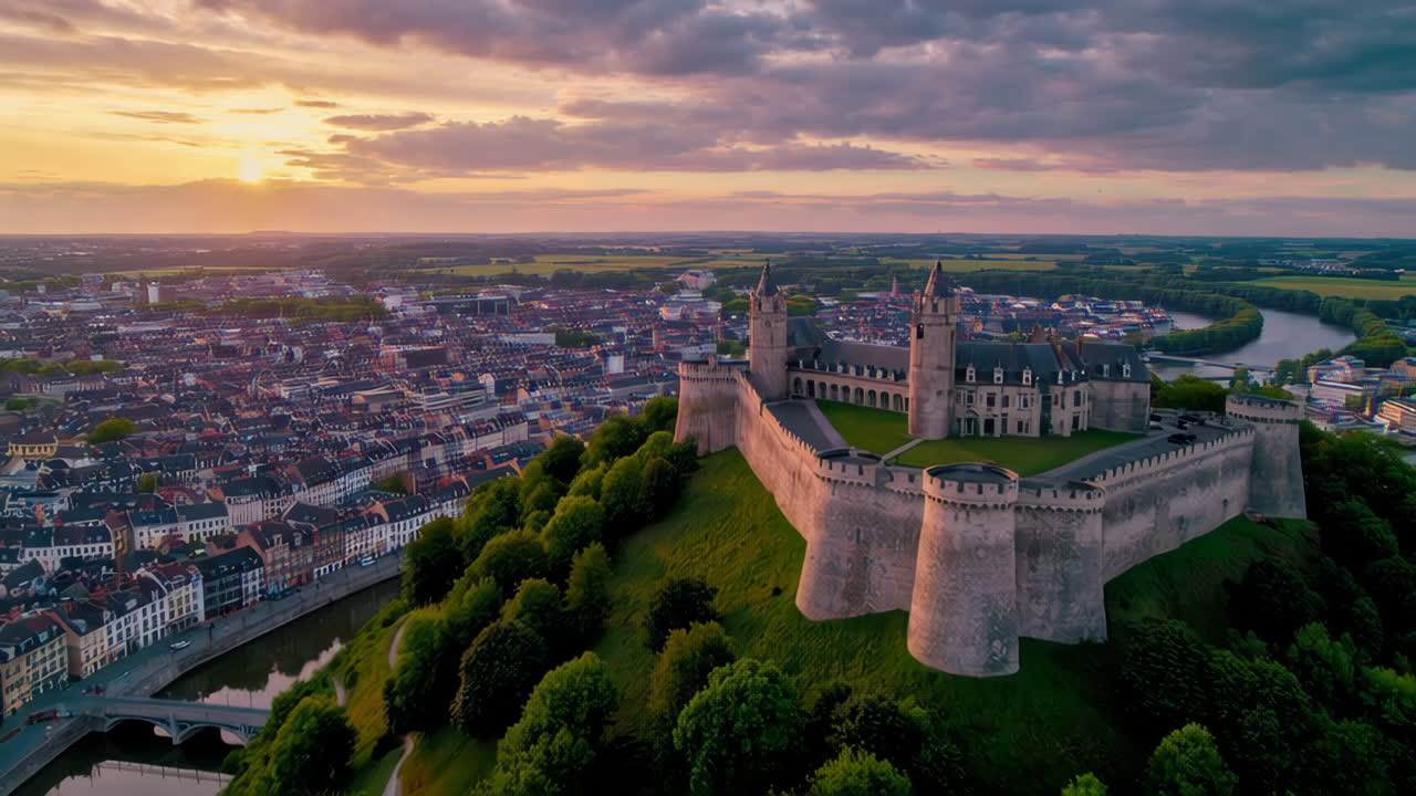 Aerial View of a Medieval Castle at Sunset