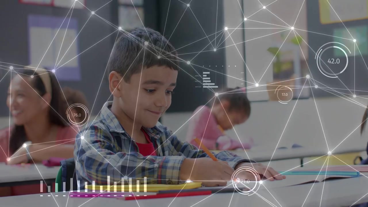 Boy putting pencil on page, writing and finishing class task, animated nodes moving over desk