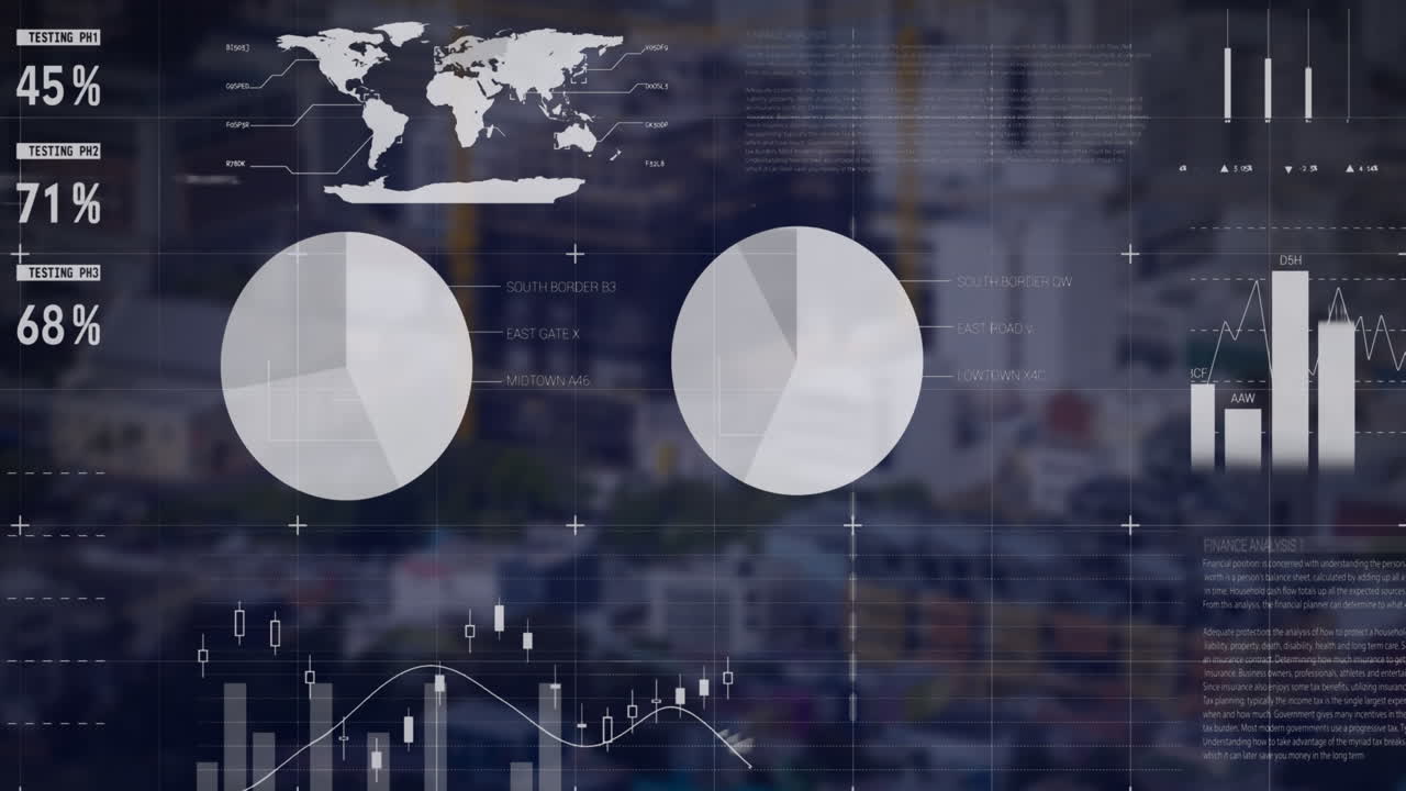 animación de la interfaz infográfica sobre el paisaje urbano moderno en el fondo