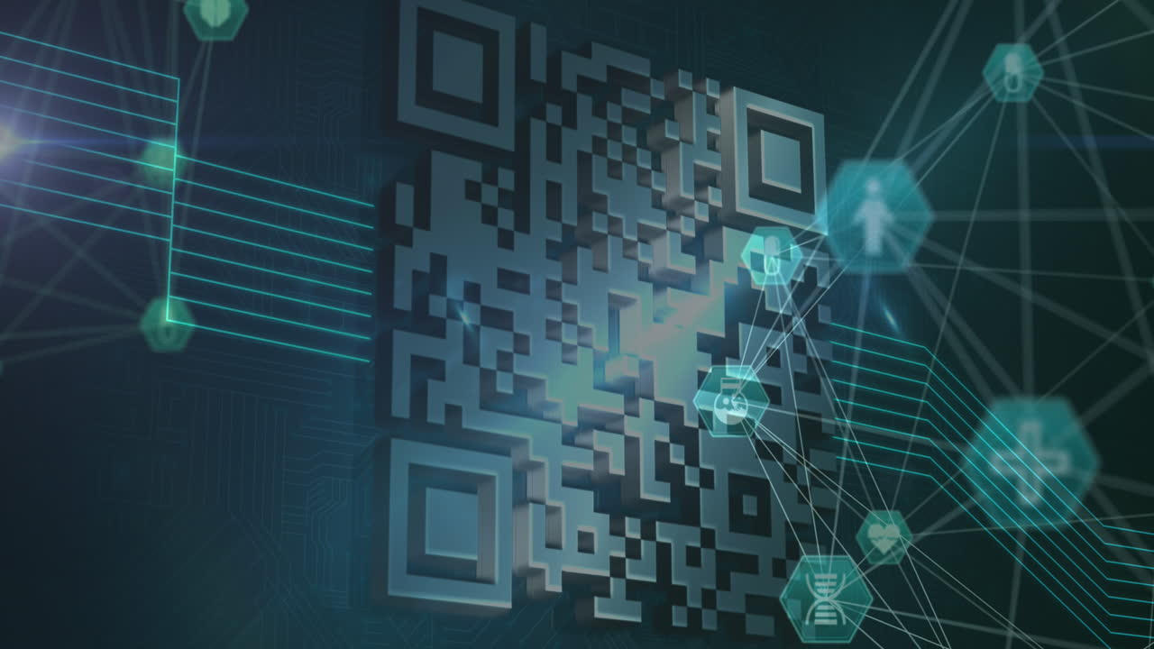 animación de la red de conexiones con iconos médicos que giran sobre el código qr