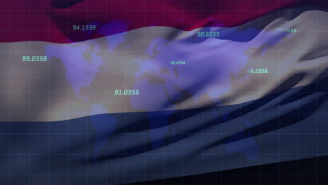 animación del procesamiento de datos financieros con mapa del mundo sobre la bandera de los países bajos