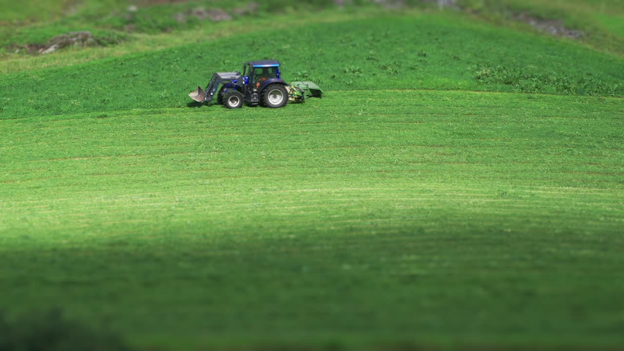 내로이 피요르드 기슭의 초원에서 풀을 깎는 트랙터