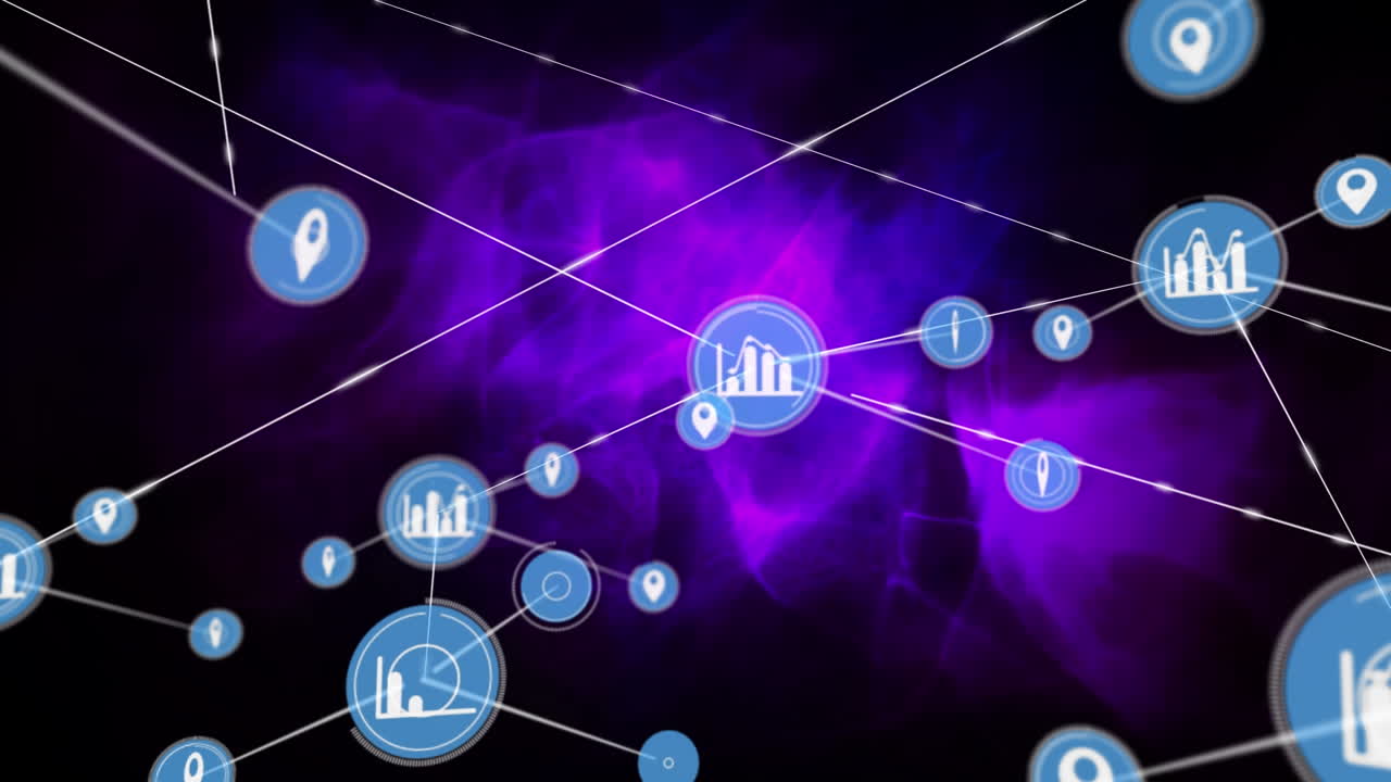animación de la red de conexiones con iconos sobre puntos de luz sobre fondo negro