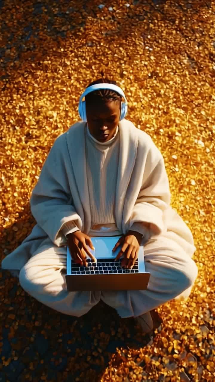 A serene figure immersed in digital creativity, surrounded by golden leaves, wearing headphones, and deeply focused on a laptop in an idyllic outdoor setting