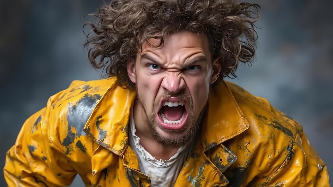 A man with curly hair and a yellow raincoat is screaming