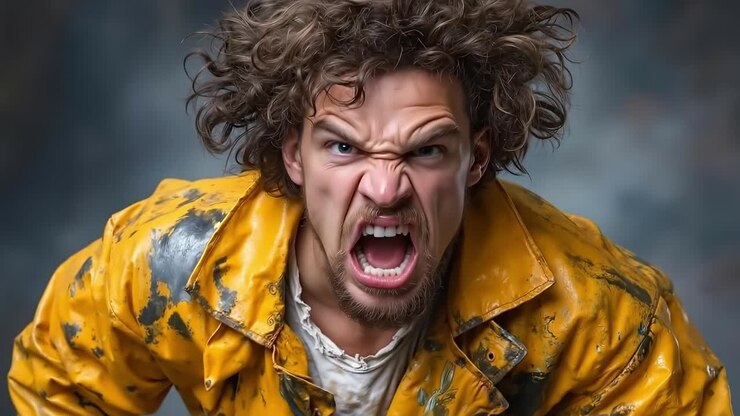 Un uomo con i capelli ricci e un impermeabile giallo sta urlando