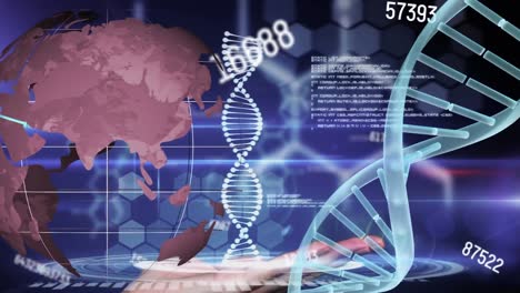Animation-of-data-processing,-globe-and-dna-strand-over-blue-background