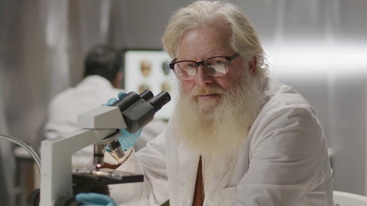 Ritratto di scienziato senior seduto alla scrivania con un microscopio in laboratorio