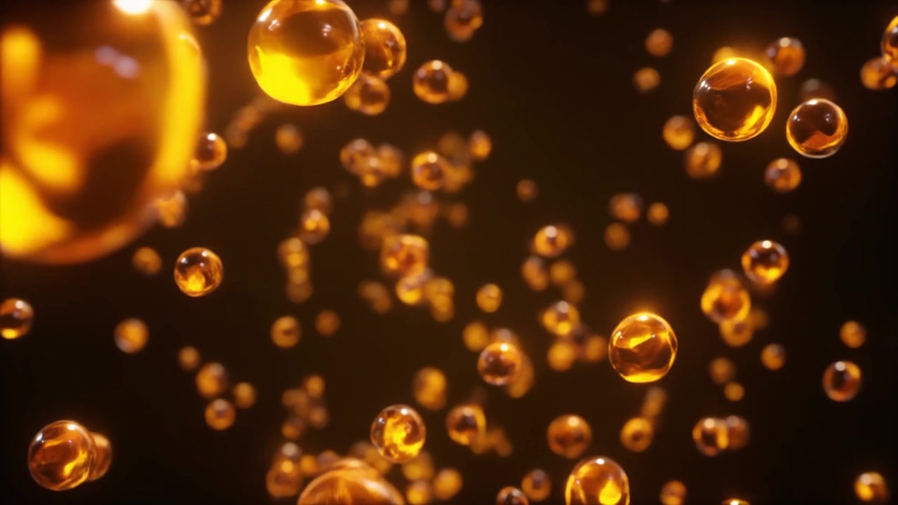 Sfere liquide dorate galleggianti su sfondo scuro.