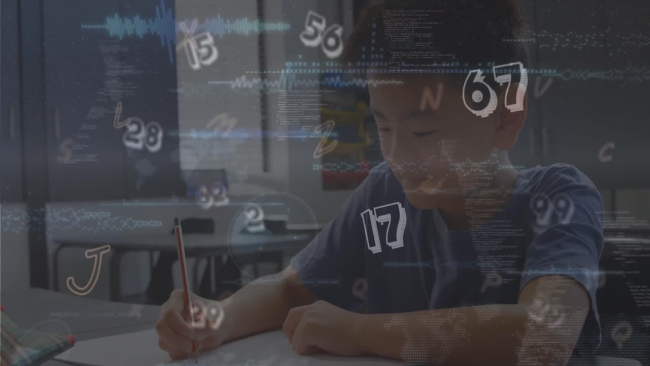 Animation of multiple alphabets floating over asian boy studying in the class at school