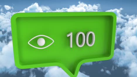 Animation-of-eye-icon-with-numbers-on-speech-bubble-over-sky-and-clouds