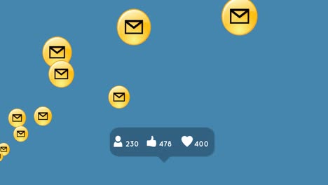 perfil, pulgar hacia arriba y icono de corazón con números crecientes en la burbuja de habla contra los iconos de mensaje
