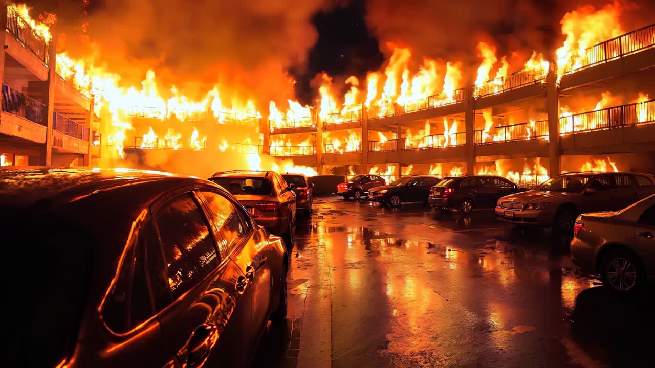 불타는 주차된 자동차로 가득 찬 주차장