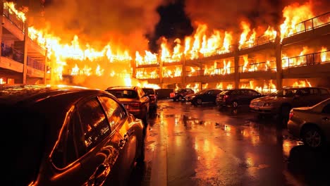 a parking lot filled with lots of parked cars on fire