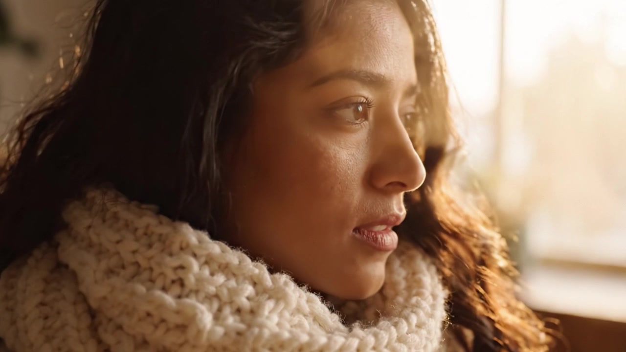A Serene Moment Captured: Woman in Cozy Scarf Bathed in Warm Morning Light Reflects on Life's Journey with Depth and Introspection